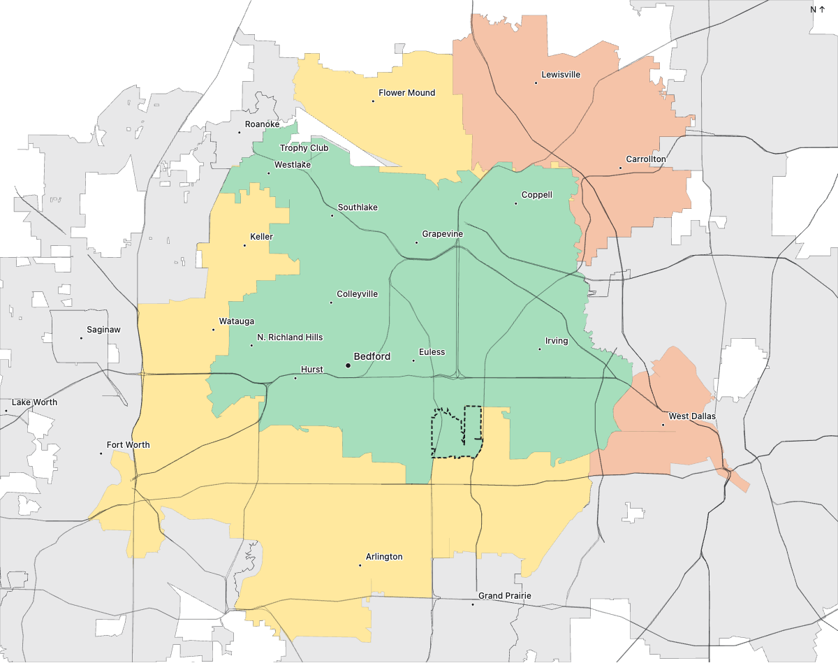 Delivery zones around Bedford: green is free, yellow is $25 and orange is $50. Gray is outside our service area. Open the map or check your street address for details.