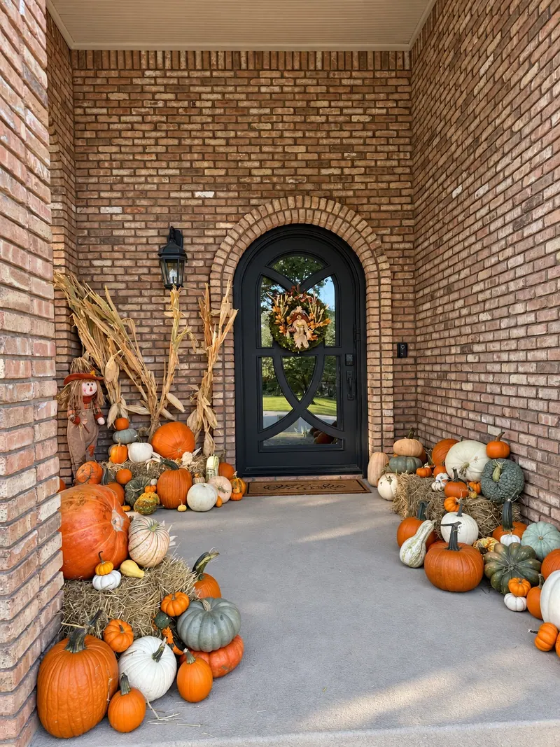 Picture Perfect Pumpkins display at a brick porch with an arched black door