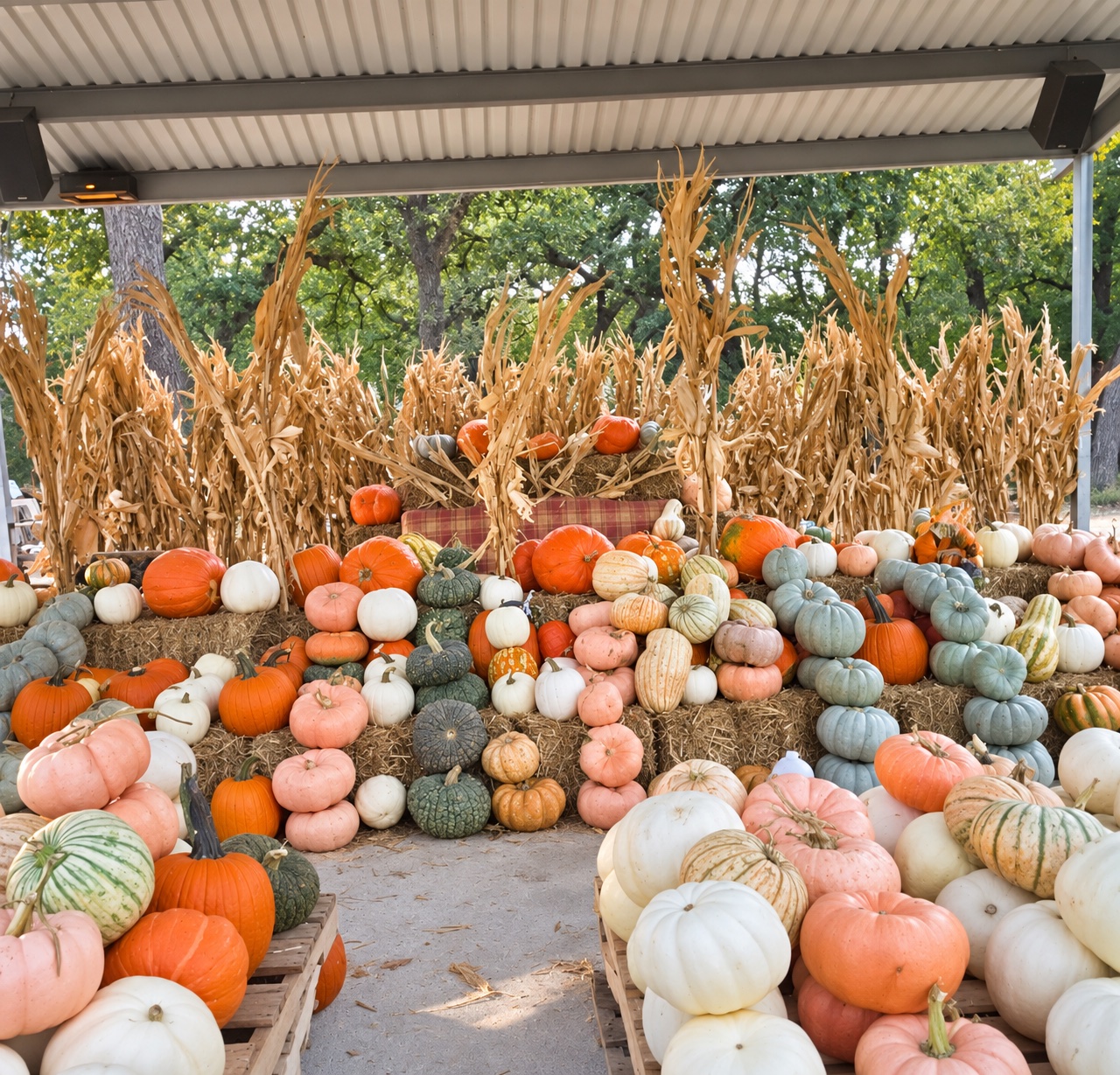 Orange, white, peach and blue-green pumpkins and gourds displayed on hay bales beneath a covered roof with cornstalks at Picture Perfect Pumpkin Patch